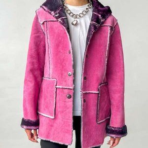 Vintage Newport News Suede Leather Coat Medium Pink and Black Hooded Snap Front